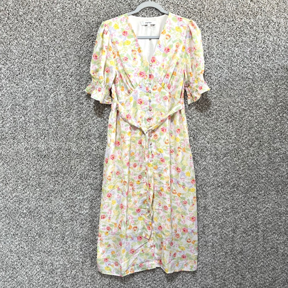 Simple Retro Dress Women's‎ L Cream Floral Short Puff Sleeve Button Front Midi
